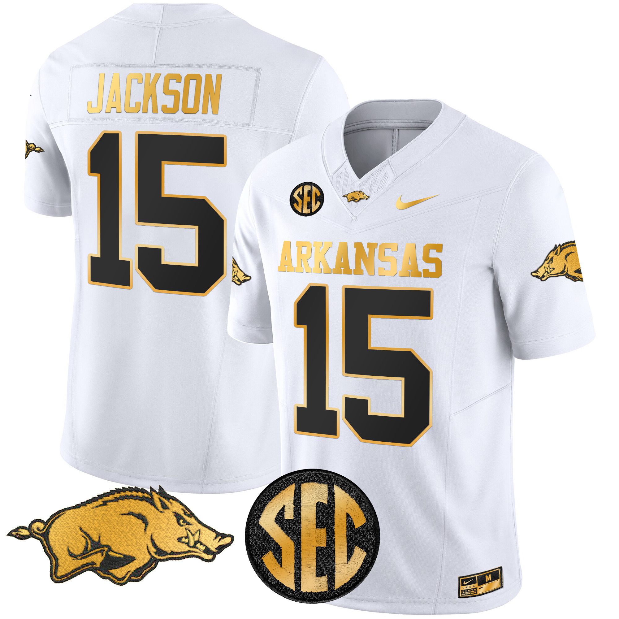 Men Arkansas Razorbacks #15 Jackson White Nike 2024 Gold Vapor Limited NCAA Jersey